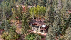 A two-story house surrounded by dense forest, with a visible deck and a large window on the second floor. - Raven's Nest | Modern Forest Sanctuary (Cascade)