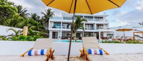 On the beach, white sand