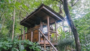 A wooden cabin with a thatched roof, surrounded by dense forest. - Tierra Encantada Wellness Center (Nosara)