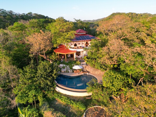 Une maison avec une piscine, entourée d’une végétation luxuriante.