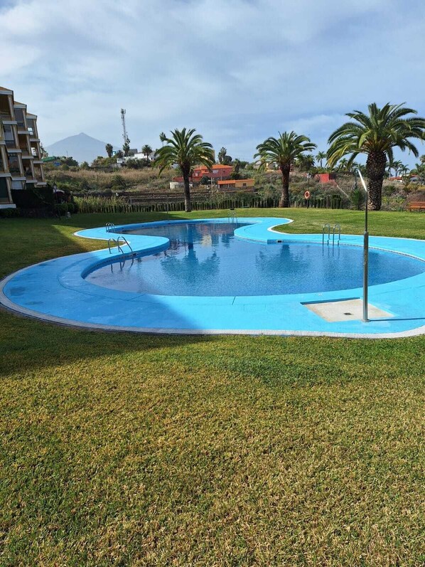 A swimming pool with a curved design, surrounded by well-maintained grass and palm trees. - Cozy with pool and Teide views



 (La Quinta)