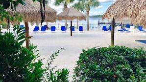 Une plage avec des parasols en chaume, des chaises longues bleues et des palmiers.