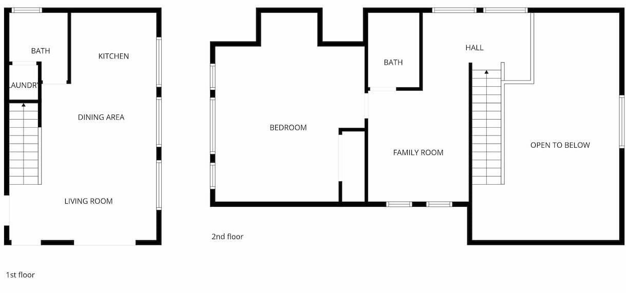 A floor plan with a living room, dining area, kitchen, two bedrooms, a bathroom, and a hall.
