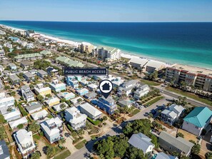 An aerial view of a coastal residential area with a public beach access sign. - Blu Flamingo-Free Golf Cart-Pool Heat Deals (Destin)