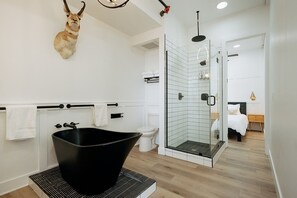 Hair dryer, towels, soap, shampoo