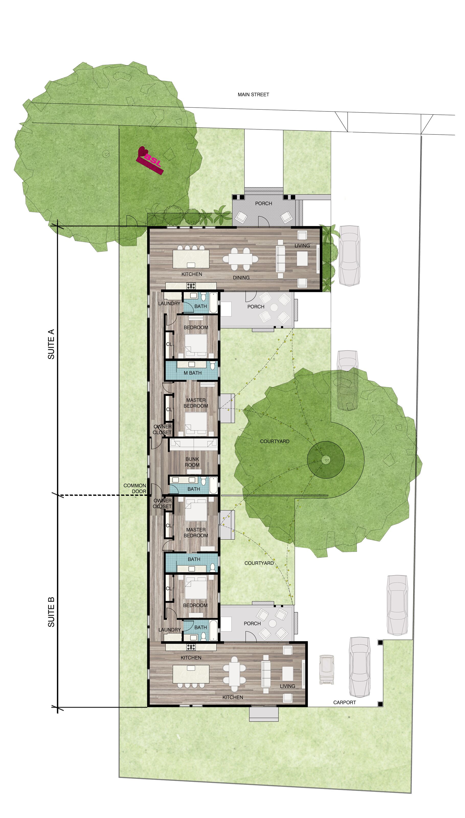 Plano de planta de un edificio con dos suites, cada una con cocina, comedor, sala de estar, dormitorio principal y baño. Incluye un patio interior y un garaje techado.
