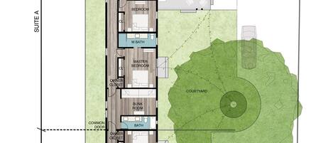 Plano de planta de un edificio con dos suites, cada una con cocina, comedor, sala de estar, dormitorio principal y baño. Incluye un patio interior y un garaje techado.