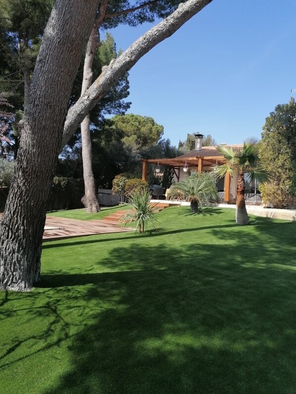 A well-maintained garden with a pergola, palm trees, and a patio area. - Un Petit Coin de Paradis (Sète)