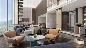 A modern living room with a sofa set, a coffee table, and a view of the city. - Crowne Plaza Shangluo (Shanglou)
