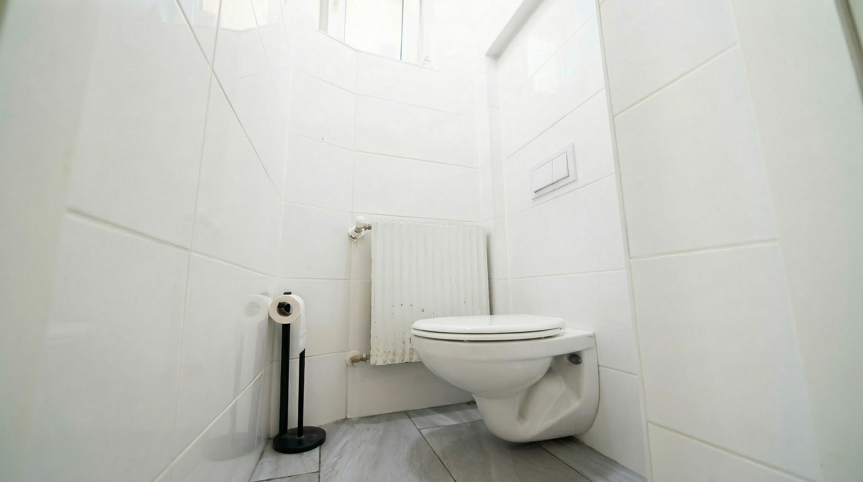 A small, white-walled bathroom with a toilet, a radiator, and a toilet paper holder.