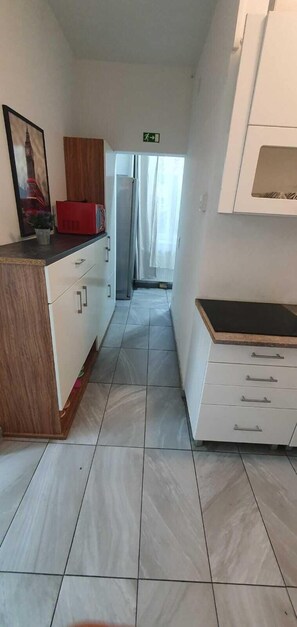 Großer Kühlschrank, Mikrowelle, Ofen, Herdplatte