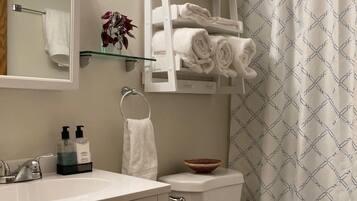 Secadora de cabello, toallas, jabón, shampoo