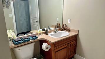 Un baño con inodoro, lavabo, tocador y espejo.