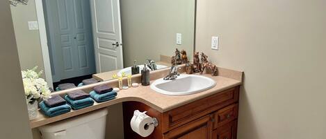 A bathroom with a toilet, sink, vanity, and a mirror.