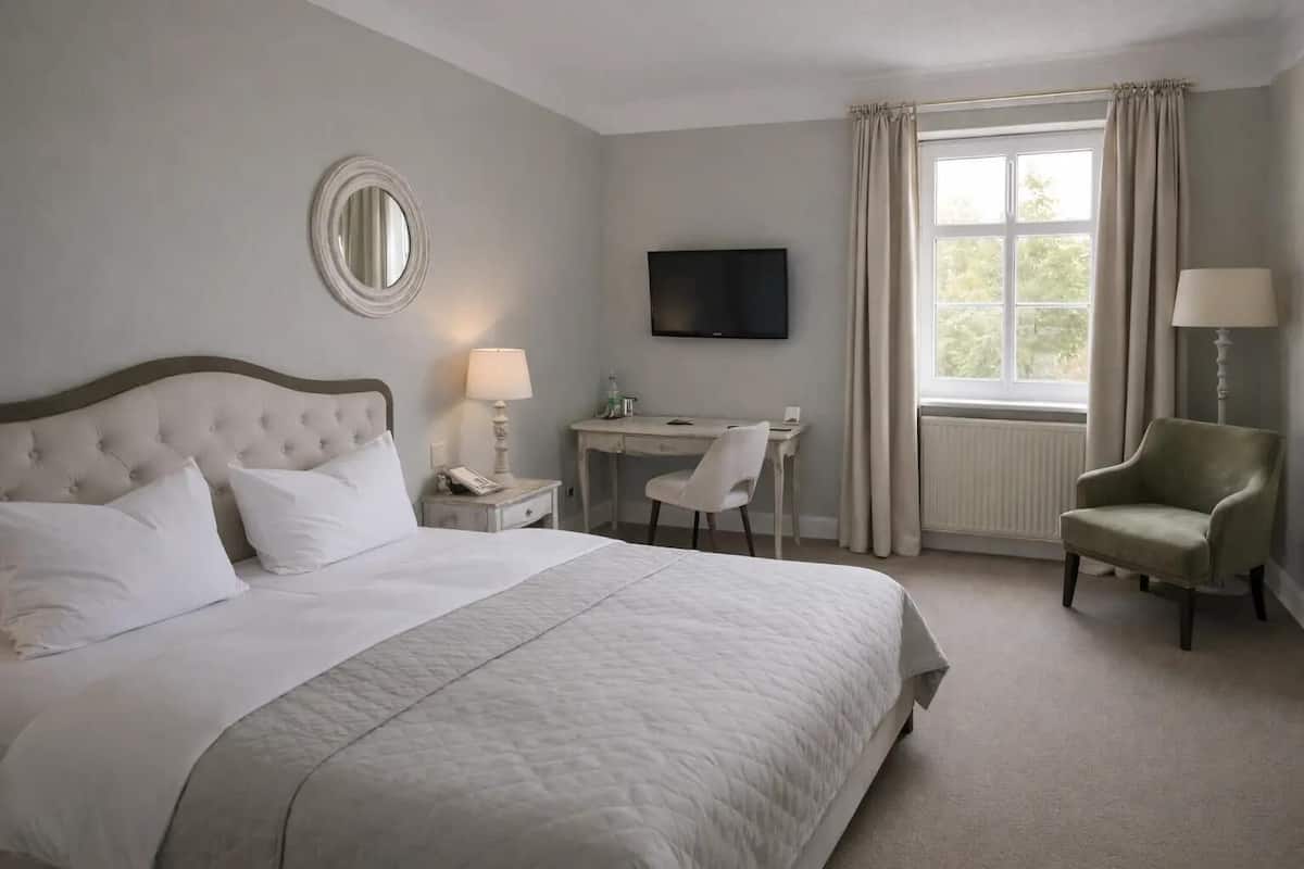 Ein Hotelzimmer mit einem großen Bett, einem Schreibtisch, einem Sessel, einem Fernseher und einem Fenster mit Vorhängen.