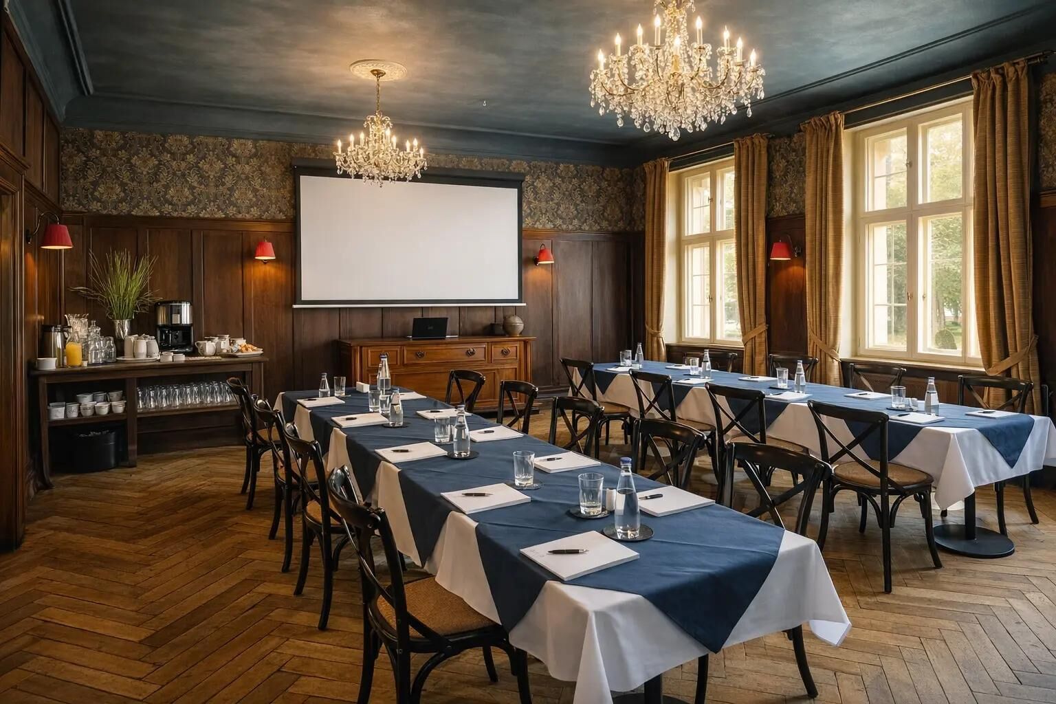 A conference room with long tables, a projector screen, and chandeliers.
