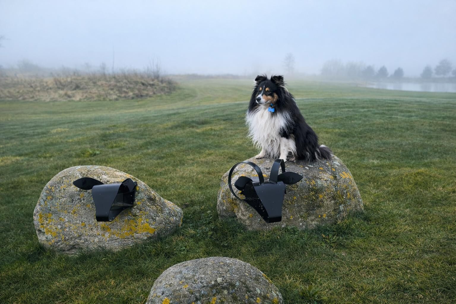 A dog sitting on a rock with a black object on it.