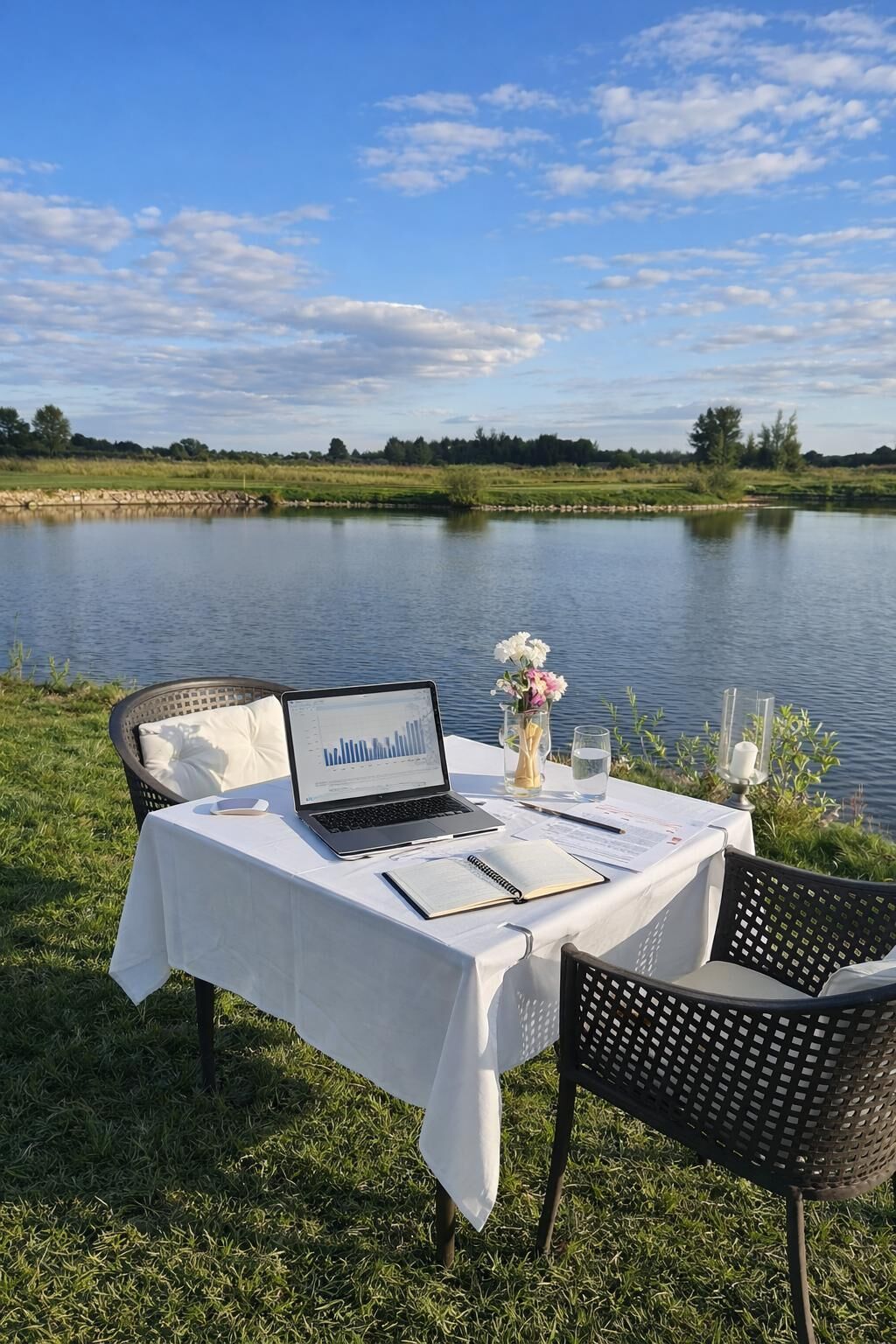 A table set outdoors with a laptop, notebook, and a vase of flowers by a lake.