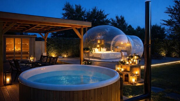 Ein Whirlpool und ein verglaster Schlafbereich mit Kamin, umgeben von Außenbeleuchtung und einer Holzterrasse.