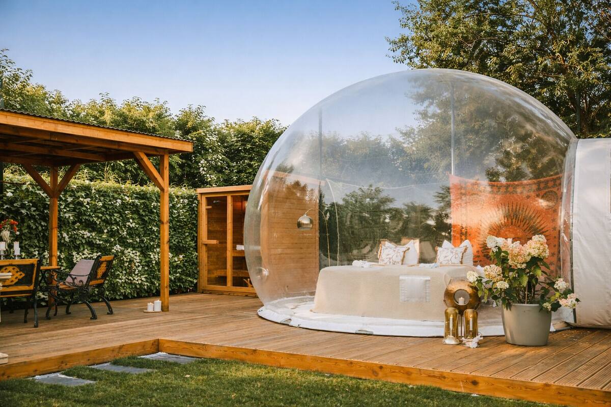 Eine Kuppelkonstruktion aus Glas mit einem Bett im Inneren, umgeben von einer Holzterrasse und einer überdachten Sitzgelegenheit.