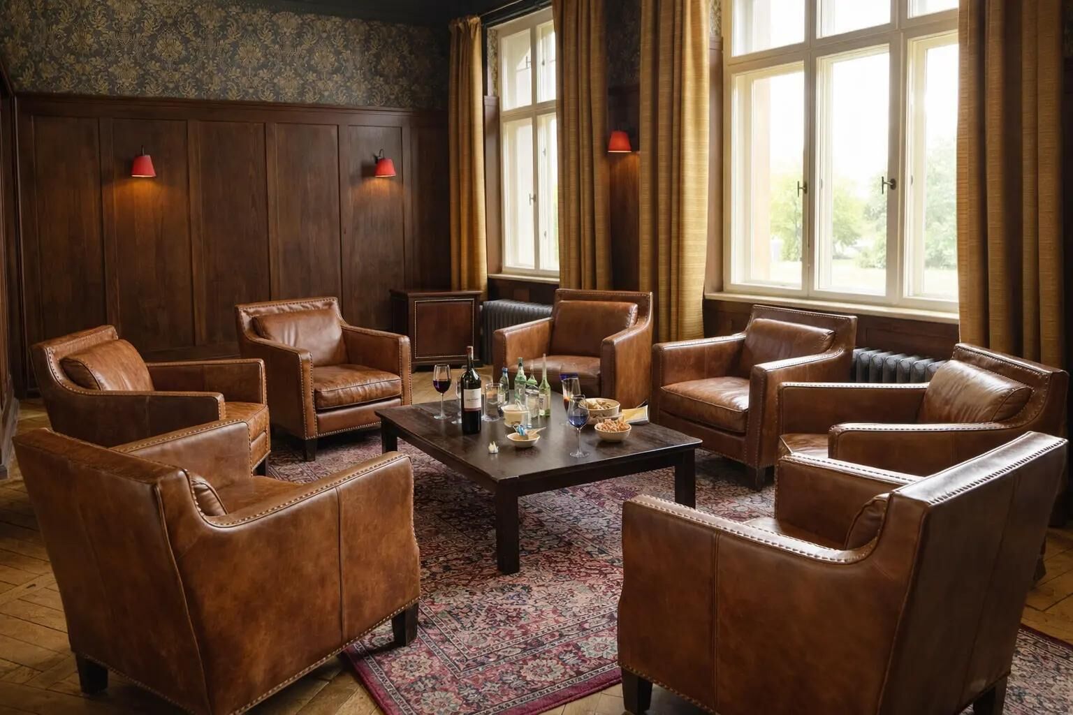 Una habitación con sillones de cuero dispuestos alrededor de una mesa de centro, paredes de paneles de madera y ventanas amplias con cortinas.