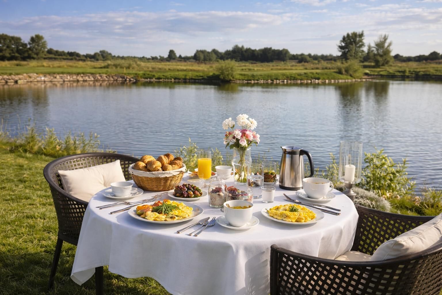 A lakeside breakfast setup with a table, chairs, and a variety of breakfast items.