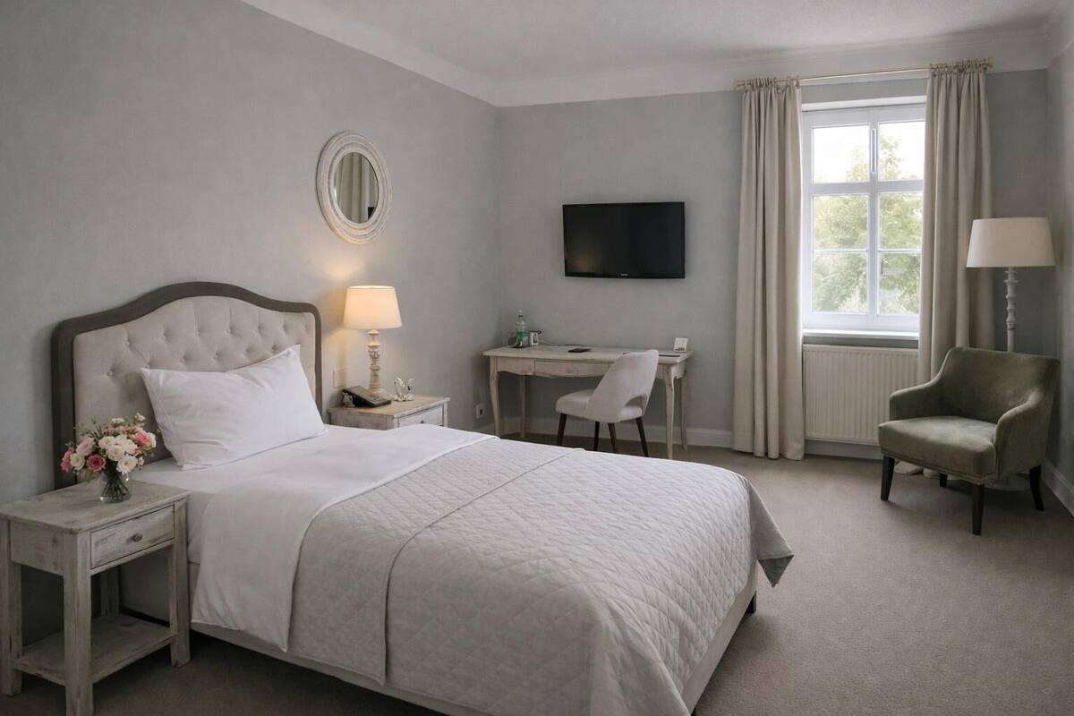 Ein Hotelzimmer mit Bett, Schreibtisch, Stuhl, Fernseher und einem fensterbepflanzten Fenster.