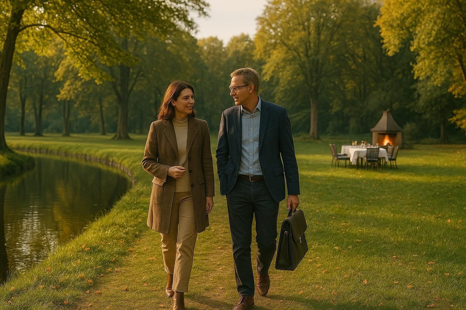 A couple walking on a path beside a body of water, with a gazebo and tables in the background.