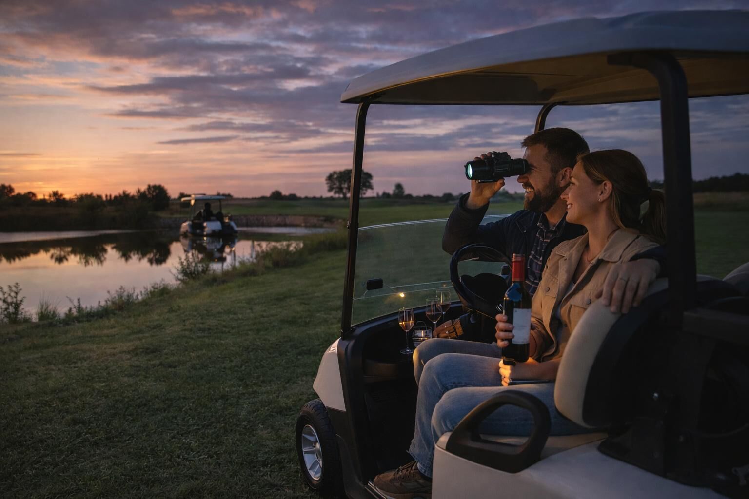 Ein Golfwagen mit zwei Personen auf einem Golfplatz bei Sonnenuntergang. Eine Person hält eine Kamera, die andere eine Flasche.