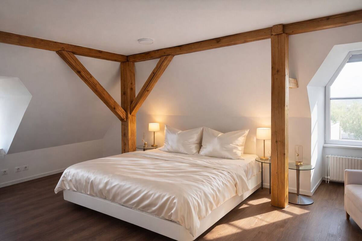 Ein Schlafzimmer mit schrägen Wänden, Holzbalken, einem Bett mit weißer Bettwäsche, zwei Nachttischen mit Lampen und einem Fenster, das für natürliches Licht sorgt.