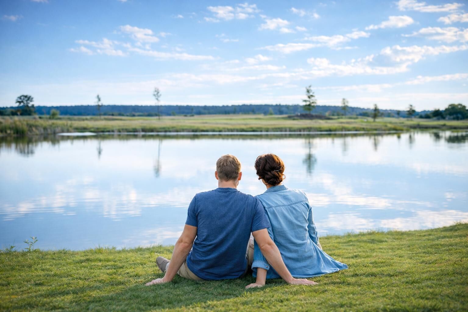Una coppia seduta sull'erba vicino a un lago tranquillo con cielo sereno.
