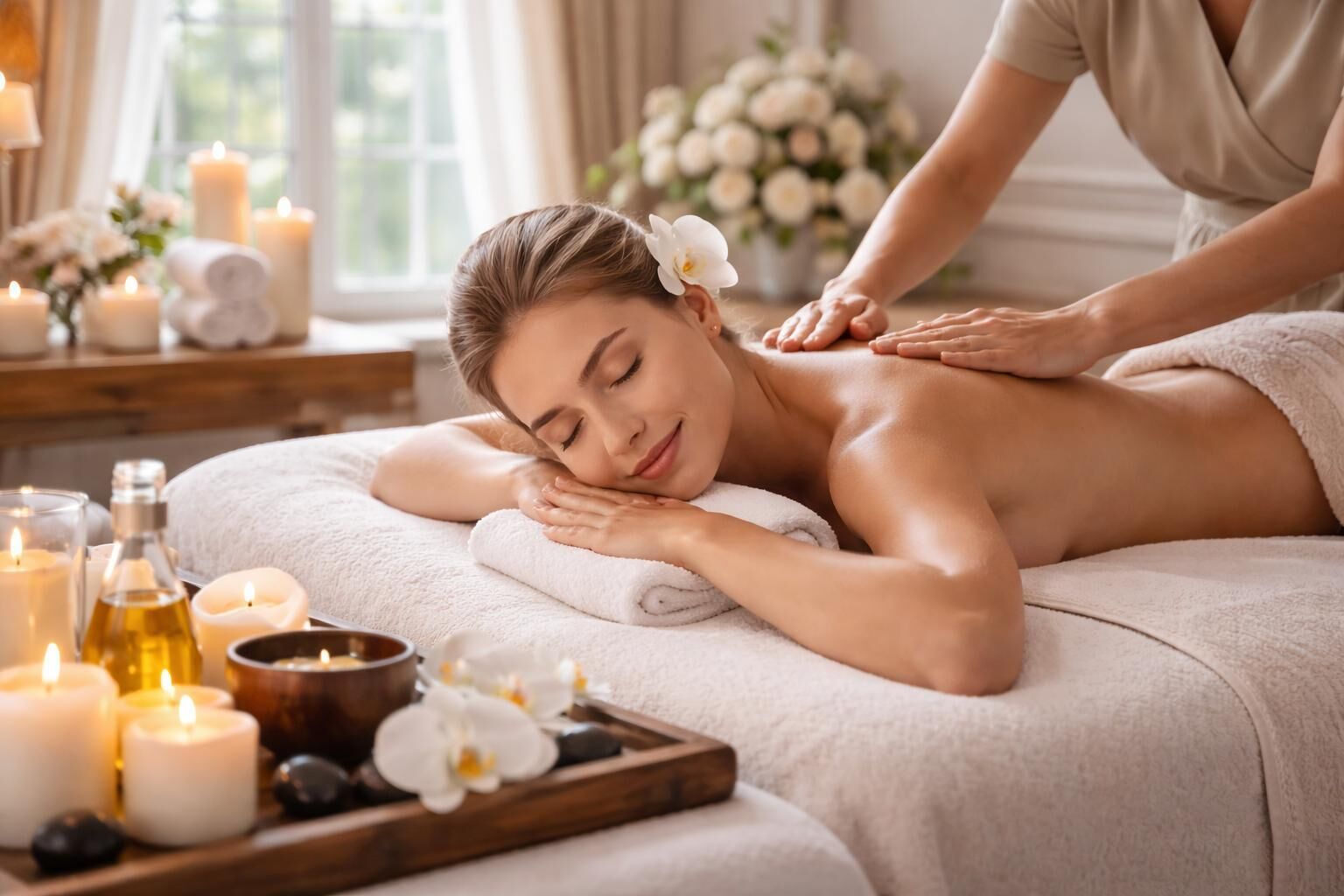 Un espace de bien-être avec une table de massage, des bougies et un plateau contenant des pierres et des fleurs.