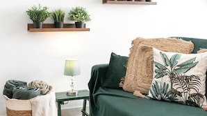 Un salon avec un canapé vert, un panier en osier, une lampe et plusieurs étagères en bois ornées de plantes en pot.