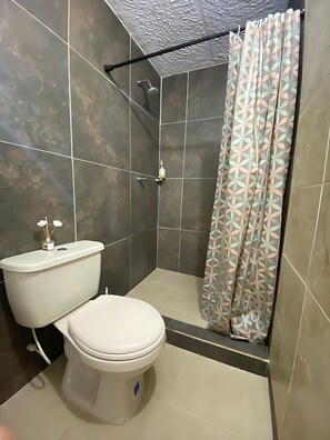 A bathroom with a toilet, a shower, and a sink. - BORA.Tu Espacio Fuera de Casa (Ibagué)