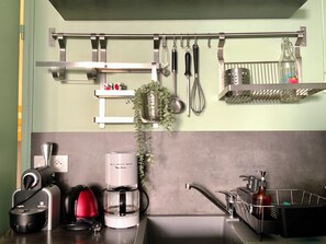 Fridge, microwave, coffee/tea maker, toaster
