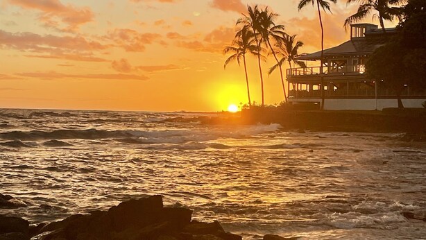 A beachfront property with a view of the ocean at sunset, featuring palm trees and a building with a balcony. - Tropical Ocean View! Escape to the Rainforest getaway of your dreams! (Keaau)