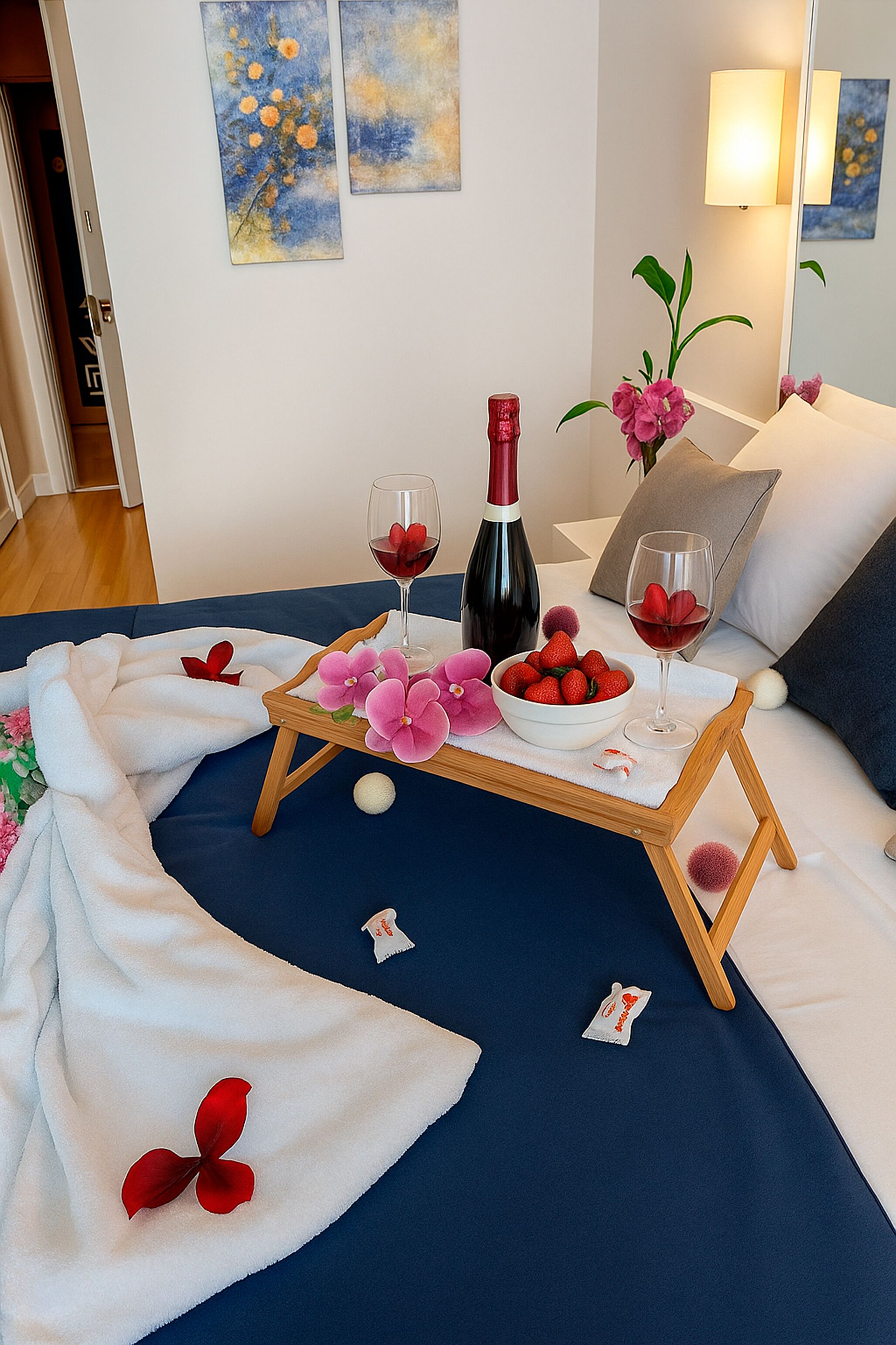 A bedroom with a bed, a bedside table with a tray of strawberries and wine glasses, a vase of flowers, and a painting on the wall.