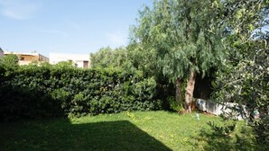 Un jardin comprenant une variété d’arbres et d’arbustes, une haie et une zone herbeuse.