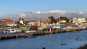 A marina with various boats docked, a pier extending into the water, and buildings in the background.