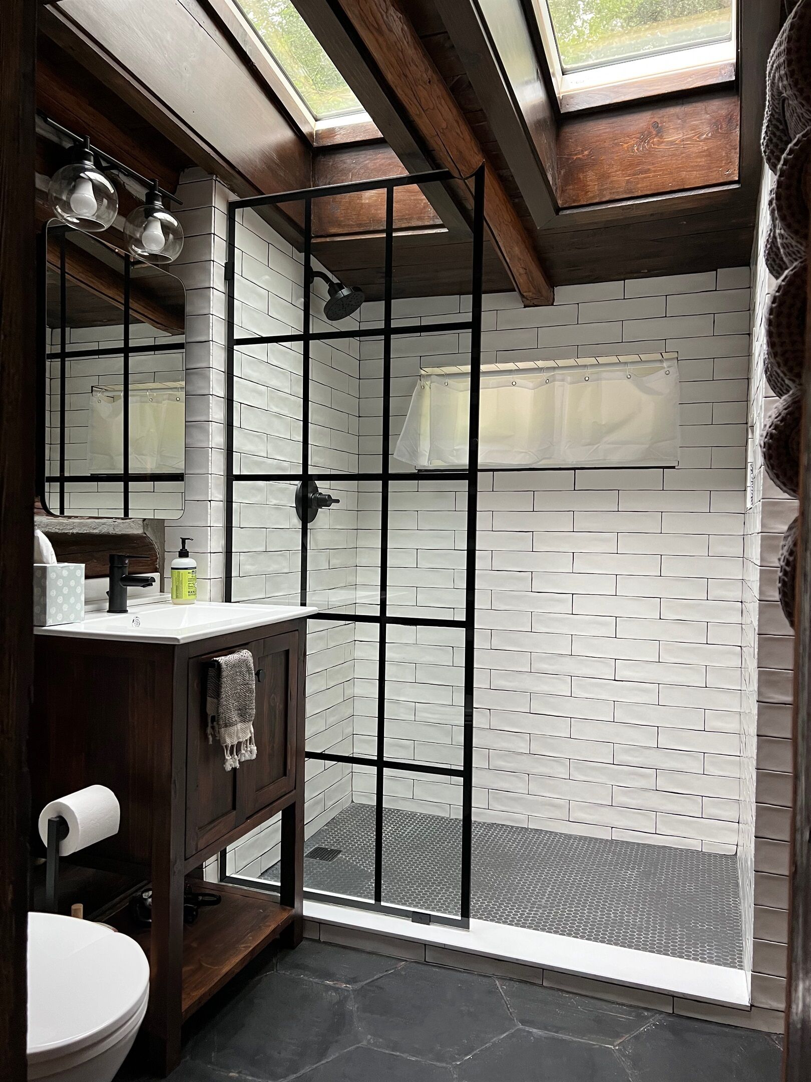 Shower, eco-friendly toiletries, towels, soap