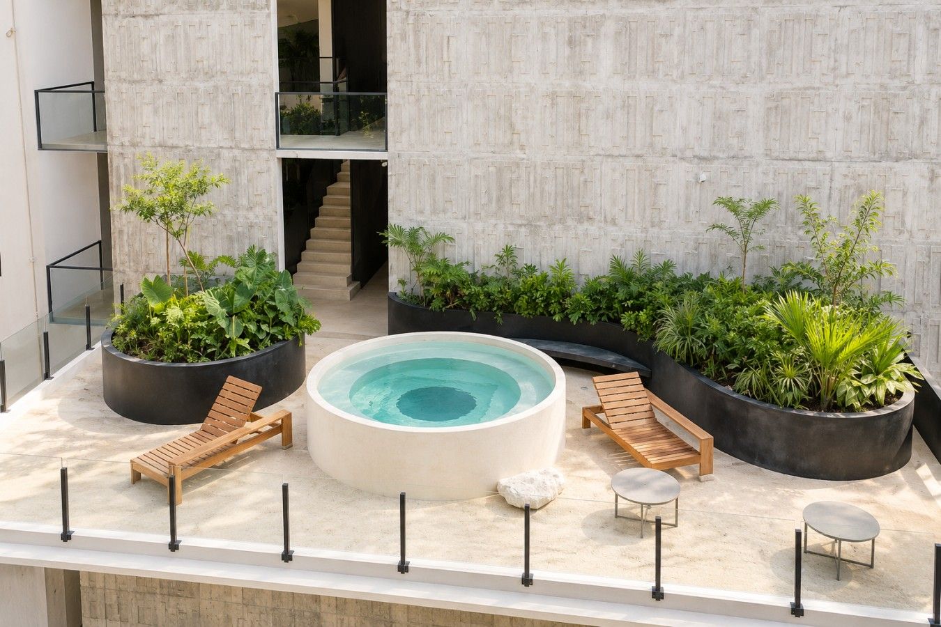 Une terrasse sur le toit équipée d’un jacuzzi, de chaises longues et de plantes en pot.