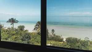 Vista de una playa con palmeras y agua azul cristalina.
