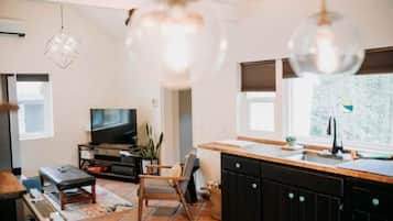 Smart TV, fireplace, DVD player, books