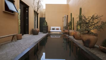 Kolam renang outdoor, dengan payung kolam renang dan kursi berjemur