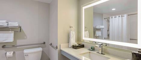 A modern bathroom with a toilet, sink, and large mirror.