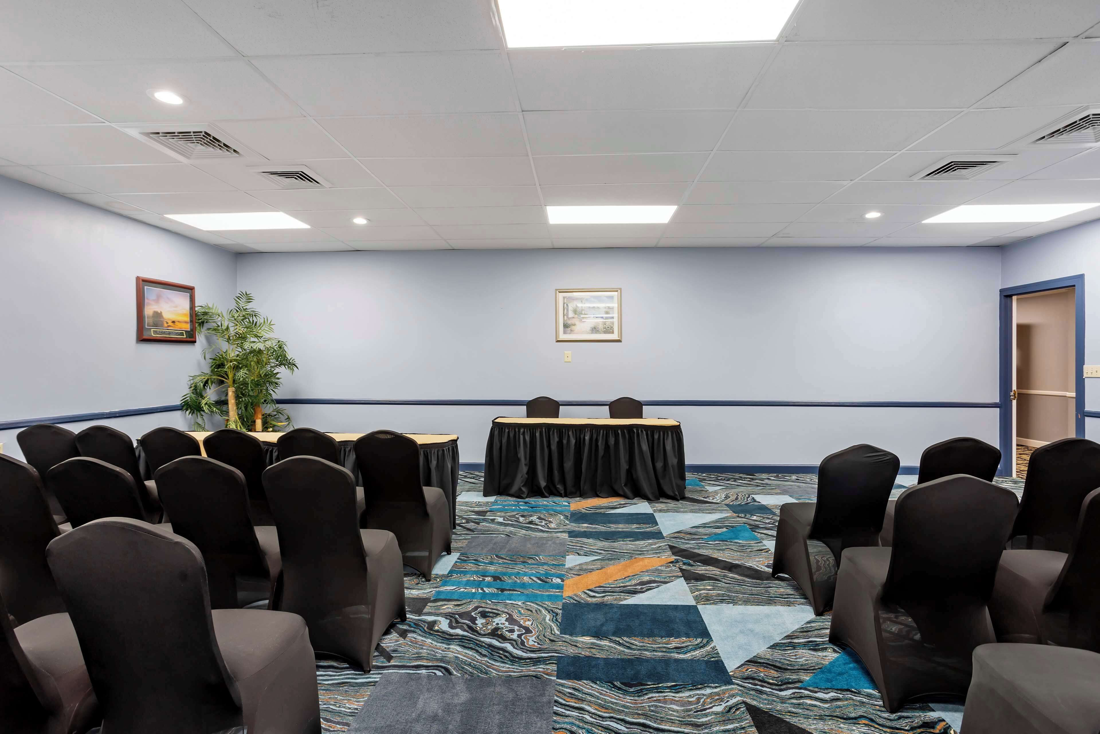 Un salón de conferencias con una larga mesa, sillas y una alfombra estampada.
