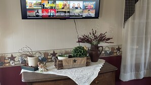 Un téléviseur fixé au mur diffusant un film de Disney, une commode en bois avec des tiroirs, un plateau décoratif et une petite plante.