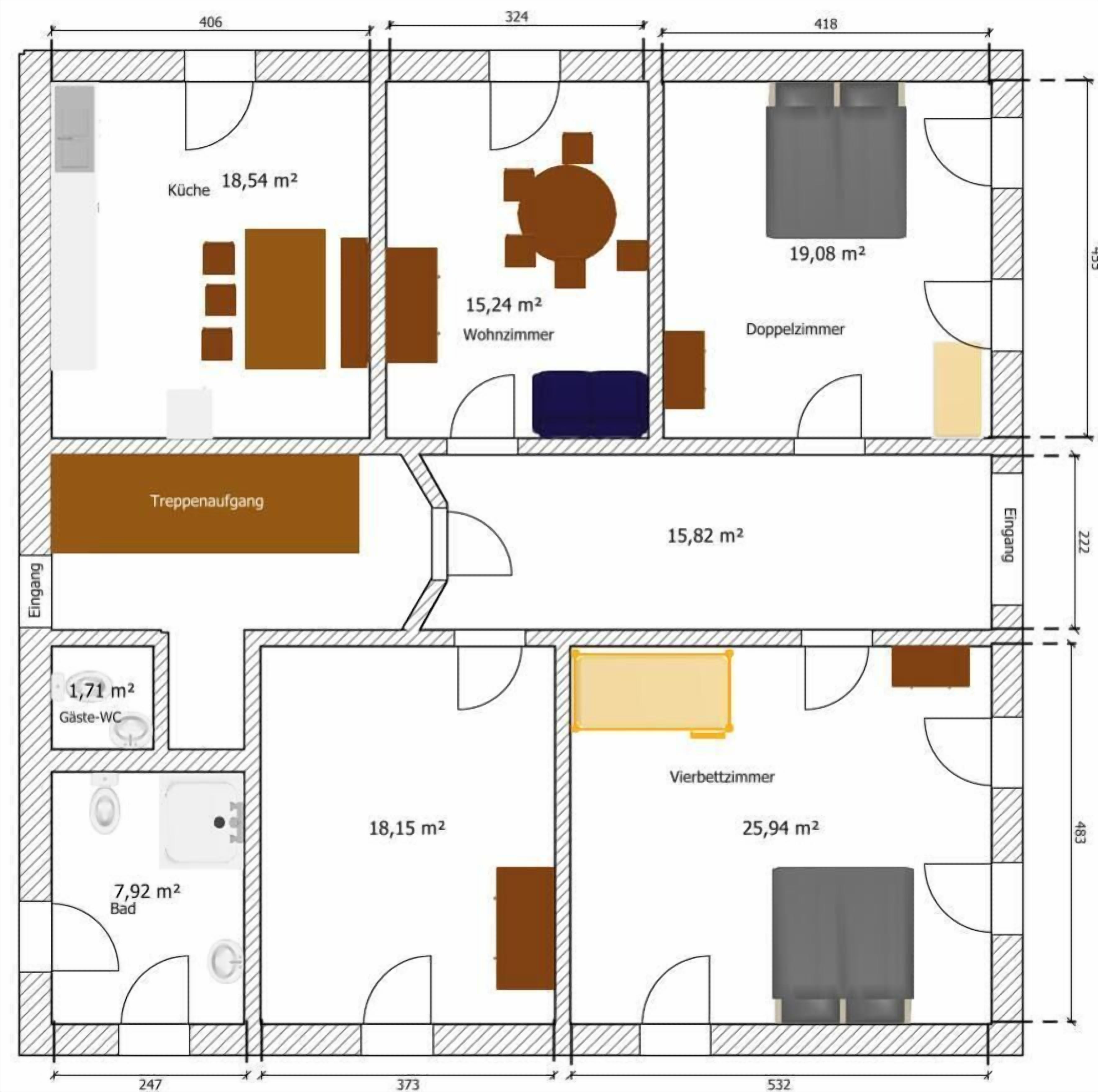 Grundriss mit Küche (18,54 m²), Wohnzimmer (15,24 m²), Doppelzimmer (19,08 m²), Esszimmer (15,82 m²), Bad (7,92 m²), WC (1,71 m²) und Schlafzimmer (25,94 m²).