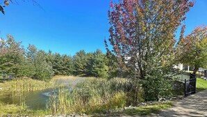Un parc avec un étang, des arbres et un sentier dallé.