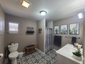 Shower, hair dryer, towels, soap